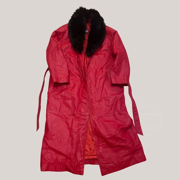 1970s Red Leather Maxi Coat w/ Real Black Fox Fur | Greg Bell, XL, Rare Vintage - Picture 10 of 14